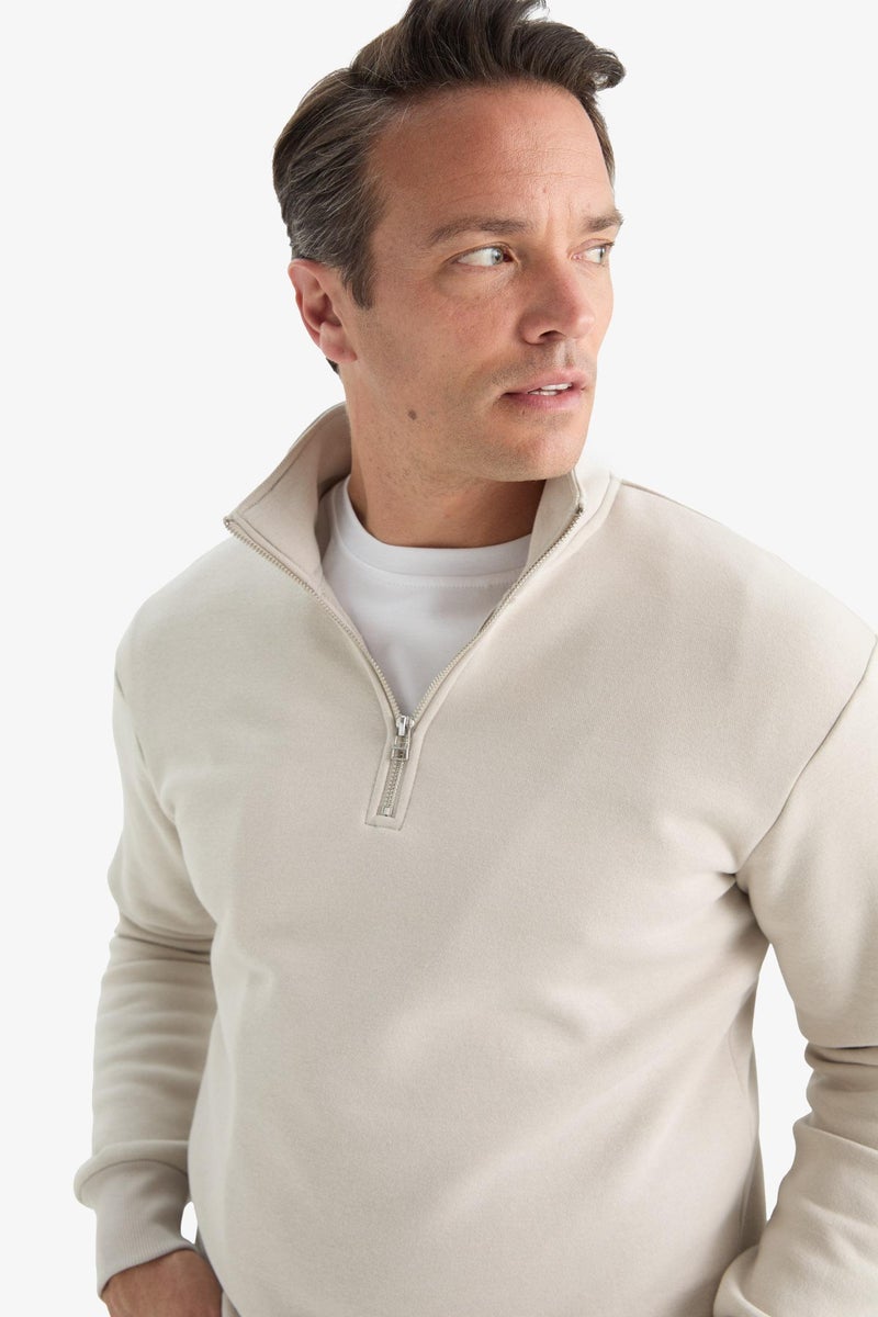 DeFacto Beige Man Regular Fit Half Zippered Basic Sweatshirt Casual - Image 5